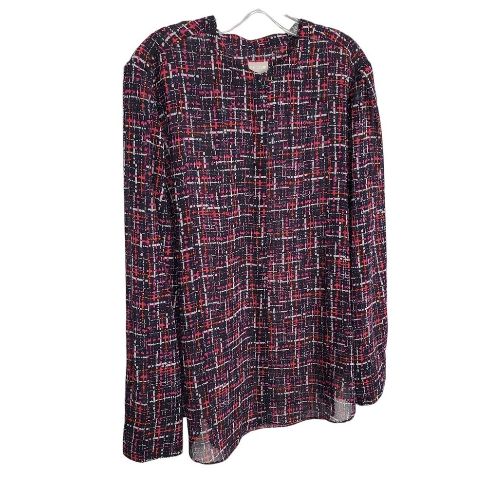 Chico's 4 Size 20/22 Blouse Chiffon Semi Sheer Tweed Print Button Up Long Sleeve